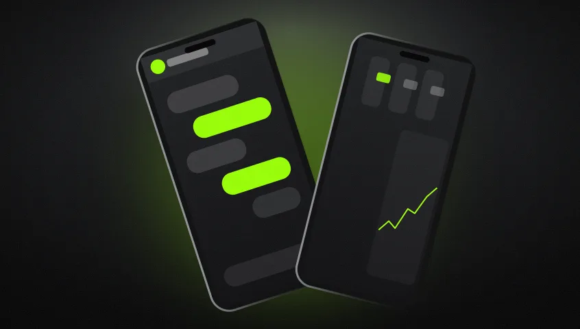 Pantallas de móvil con un chat automatizado y un panel de resultados